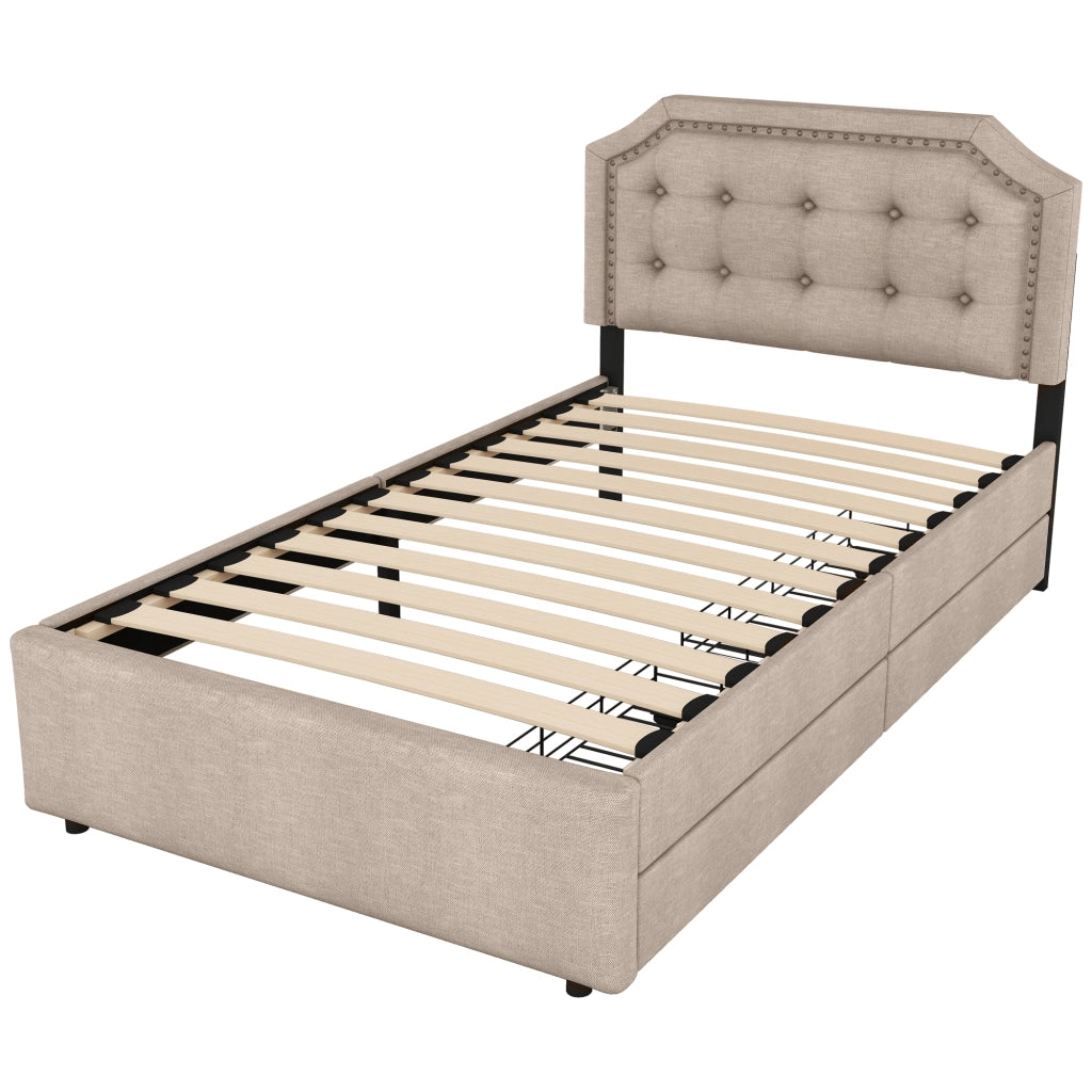 OKWISH Letto Singolo 90×200 cm con 2 Cassetti, Testiera Regolabile e Borchie Decorative, senza Materasso, in MDF, Beige