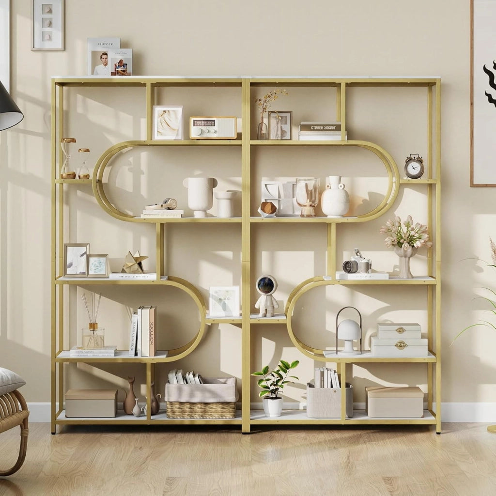 Libreria a 8 Ripiani, Scaffale Alto Autoportante a Forma di U, Struttura in Metallo, Organizzatore di Spazio per Soggiorno e Ufficio, 95x30x175 cm (Bianco+Oro)
