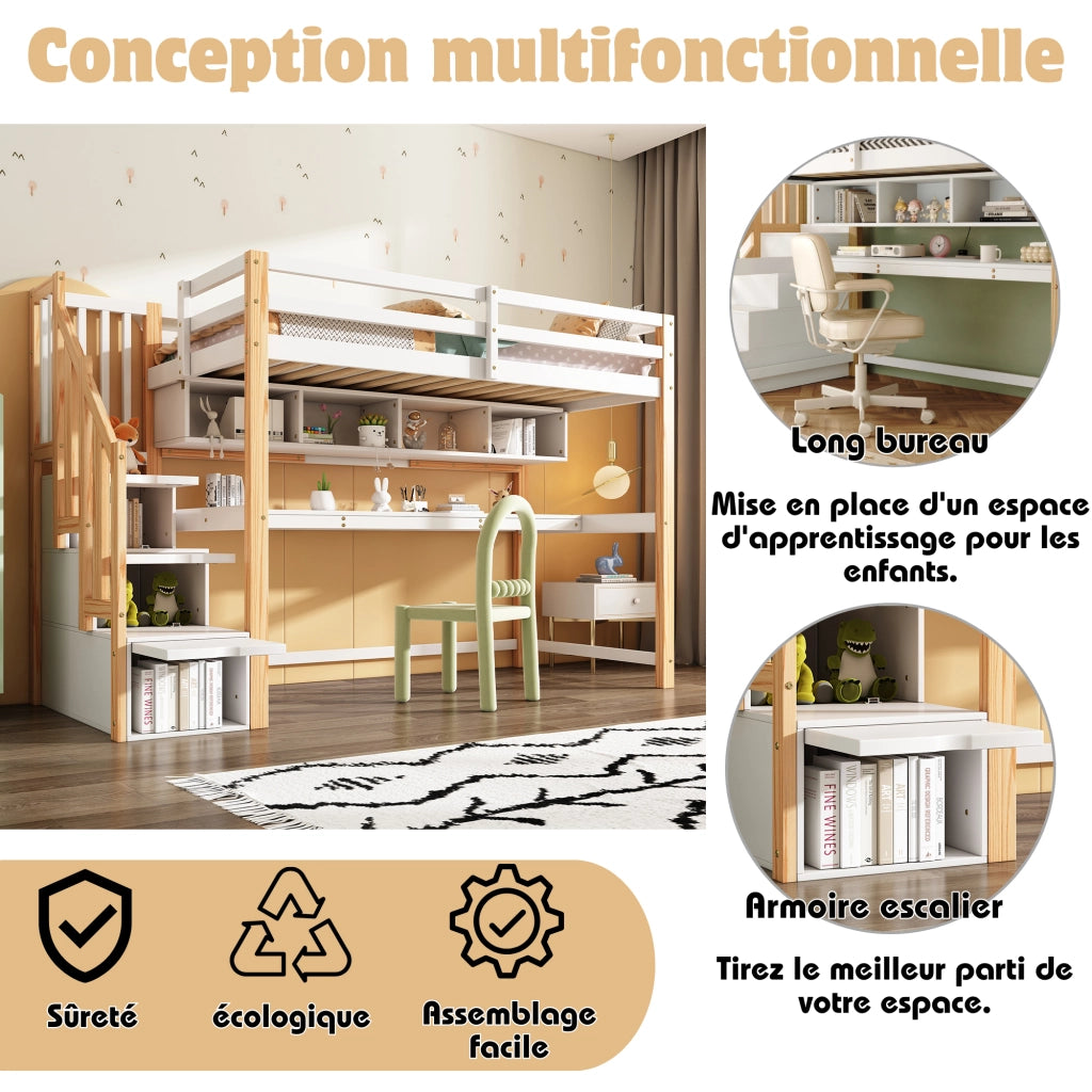 Letto a castello bianco e rovere con scrivania integrata e scaffali in legno massello 105x200 cm