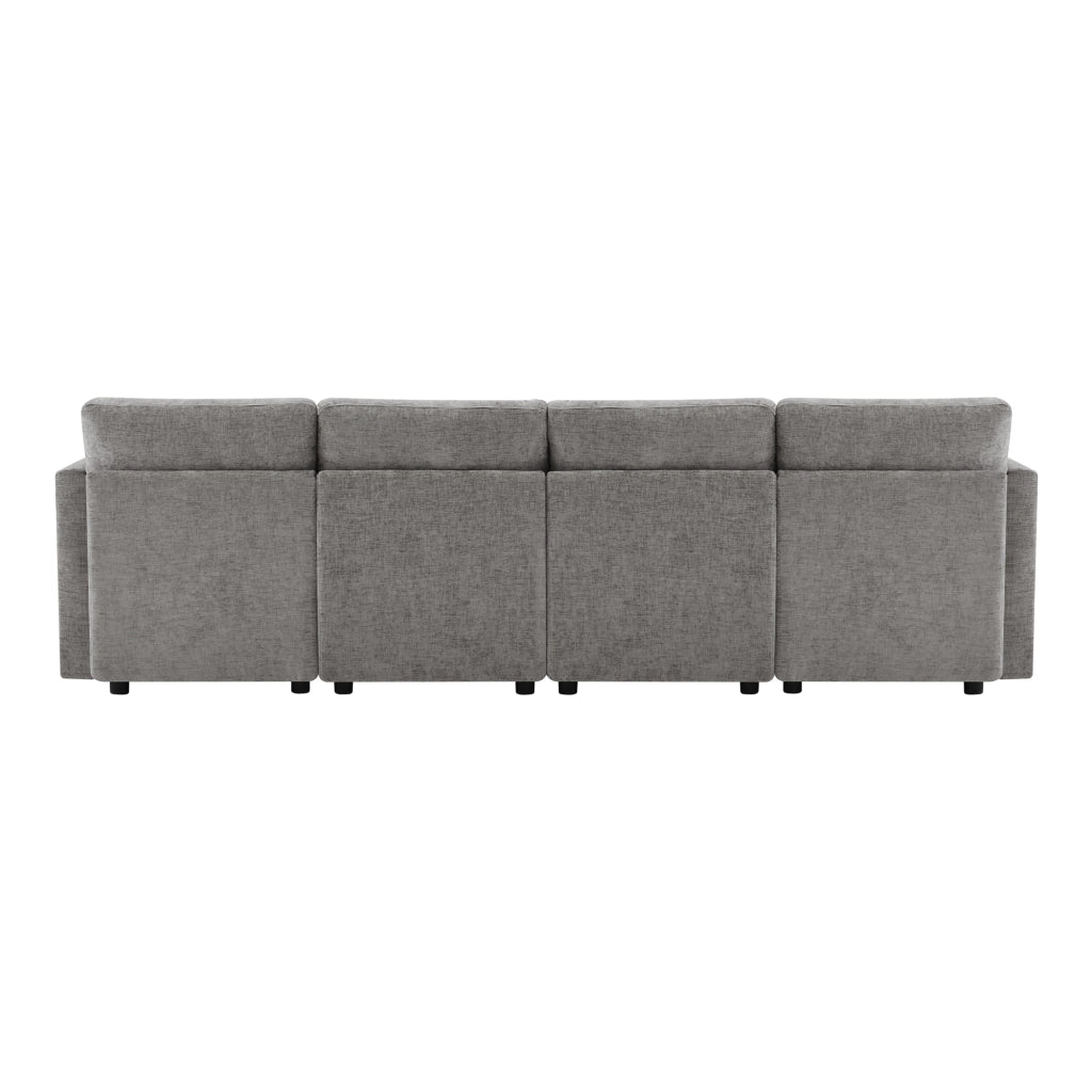 Divano angolare modulare a 4 posti in ciniglia grigio con 2 pouf e braccioli regolabili 86 × 284 × 156;5 cm