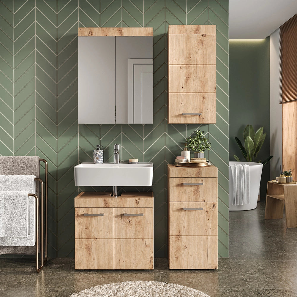 Set mobili bagno Luna Quercia Wotan 4 parti, con armadio a muro Vicco