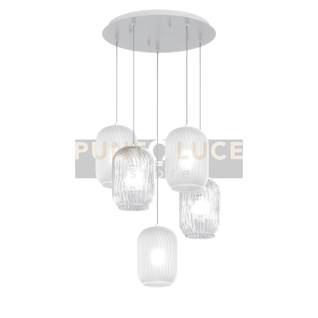 SOSPENSIONE BIANCO 5 LUCI TONDA VETRI BIANCO FOG 1181BI-S5 T-BF
