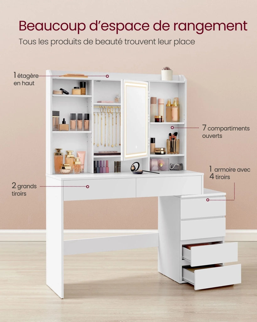 Toeletta con grande specchio LED luminosità regolabile tavolo da trucco con specchio scomparti 40 x 117,5 x 145 cm ripiani regolabili moderno bianco nuvola 12_0005174