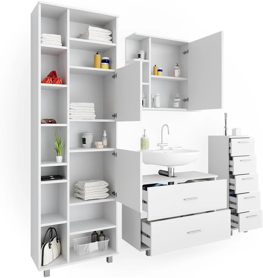 Set mobili bagno Ilias, Bianco, 80.2 cm, composto da mobile lavabo, pensile a specchio, colonna e base media