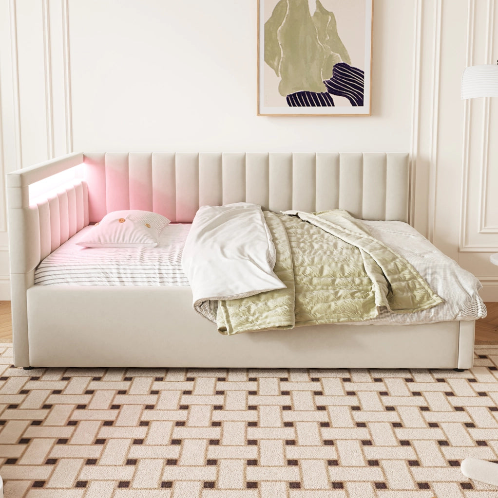 Letto imbottito 90x200 con LED, contenitore idraulico e rete a doghe
