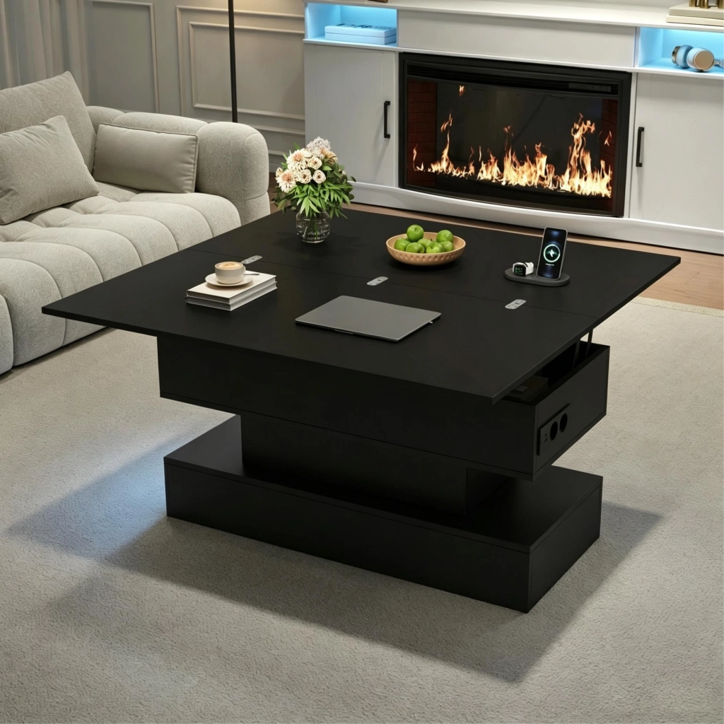 Tavolino rialzabile 100x50x51.5 cm con LED e vano portaoggetti in truciolato nero