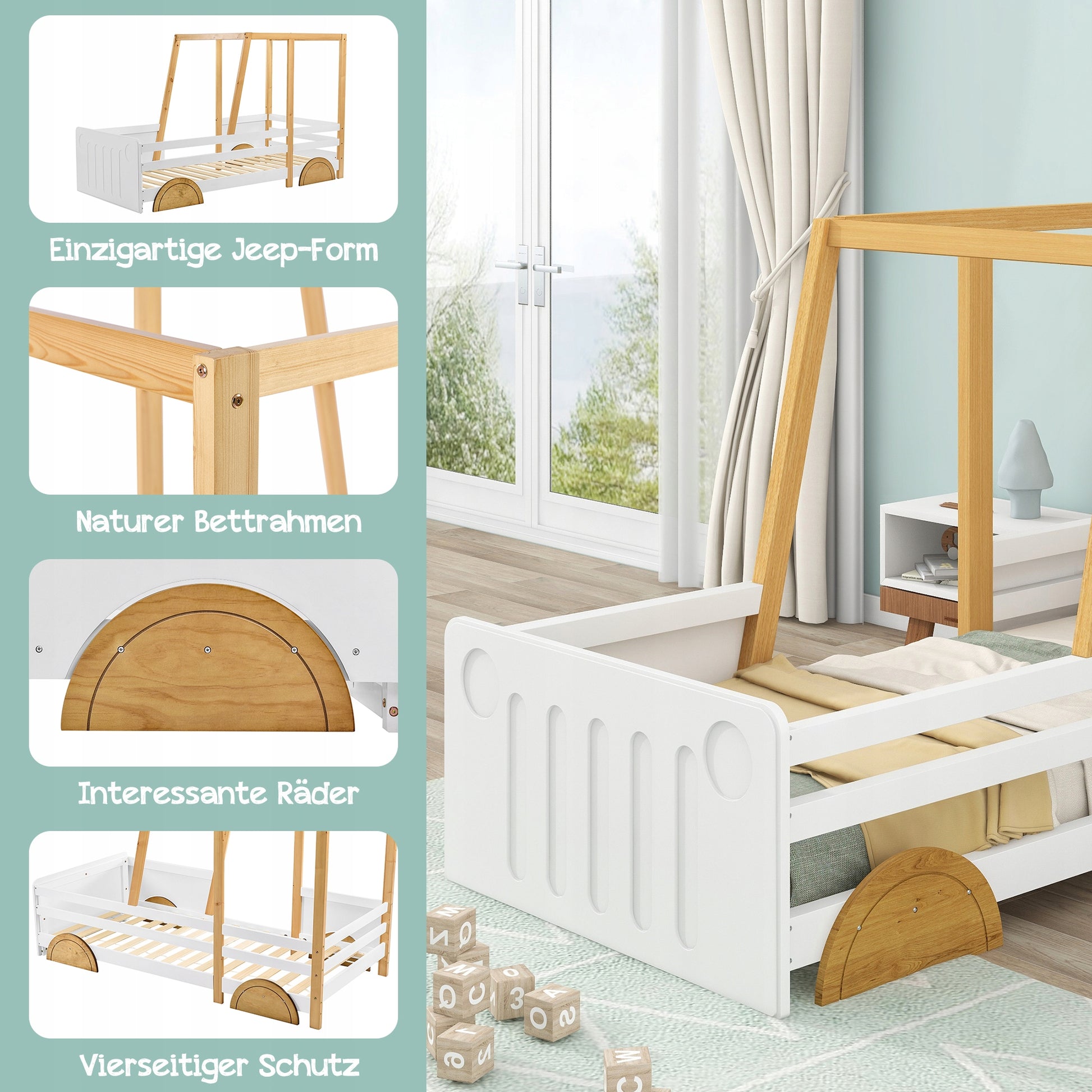 Letto a forma di auto per bambini - Xylo - 90x200 cm - Bianco e Naturale