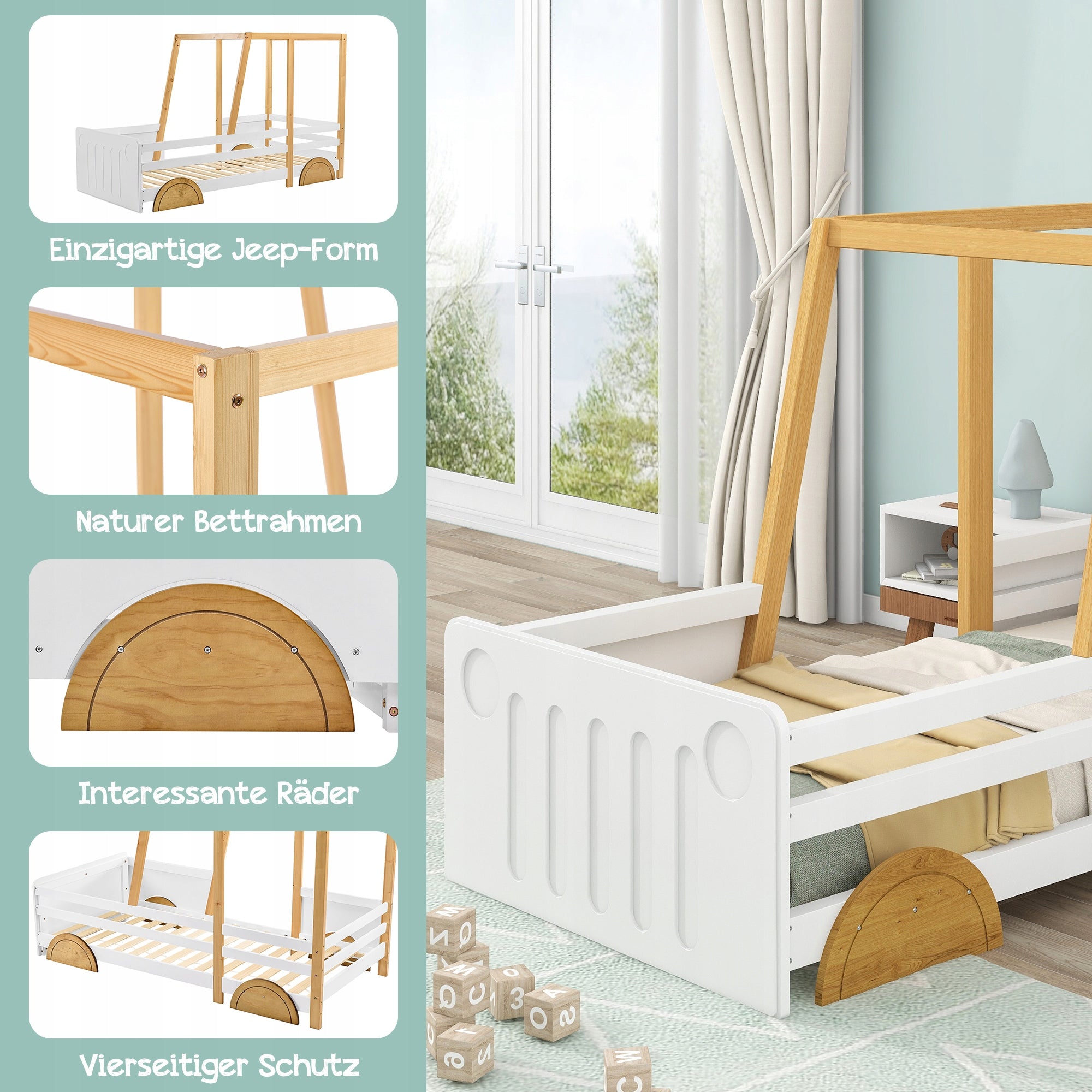 Letto a forma di auto per bambini - Xylo - 90x200 cm - Bianco e Naturale