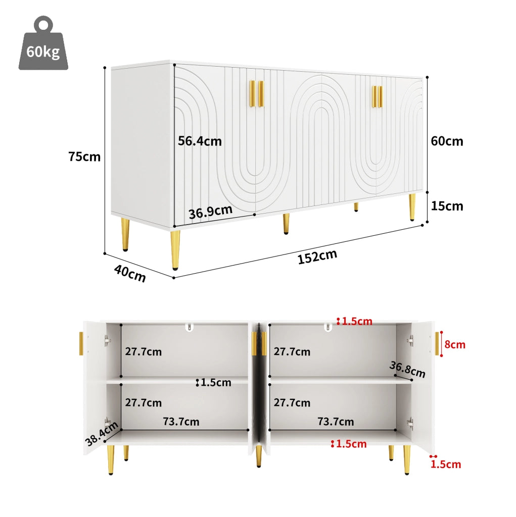 Credenza moderna bianca in MDF 152x40x75 cm