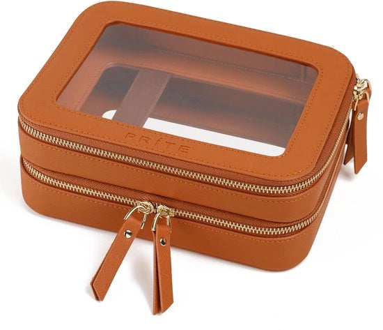 Tas Cosmetici Grande Transparente a Doppia Cerniera con Doppio Strato per Trucco per Donne con Compartimenti e Chiusura a Doppia Riga (Marrone)