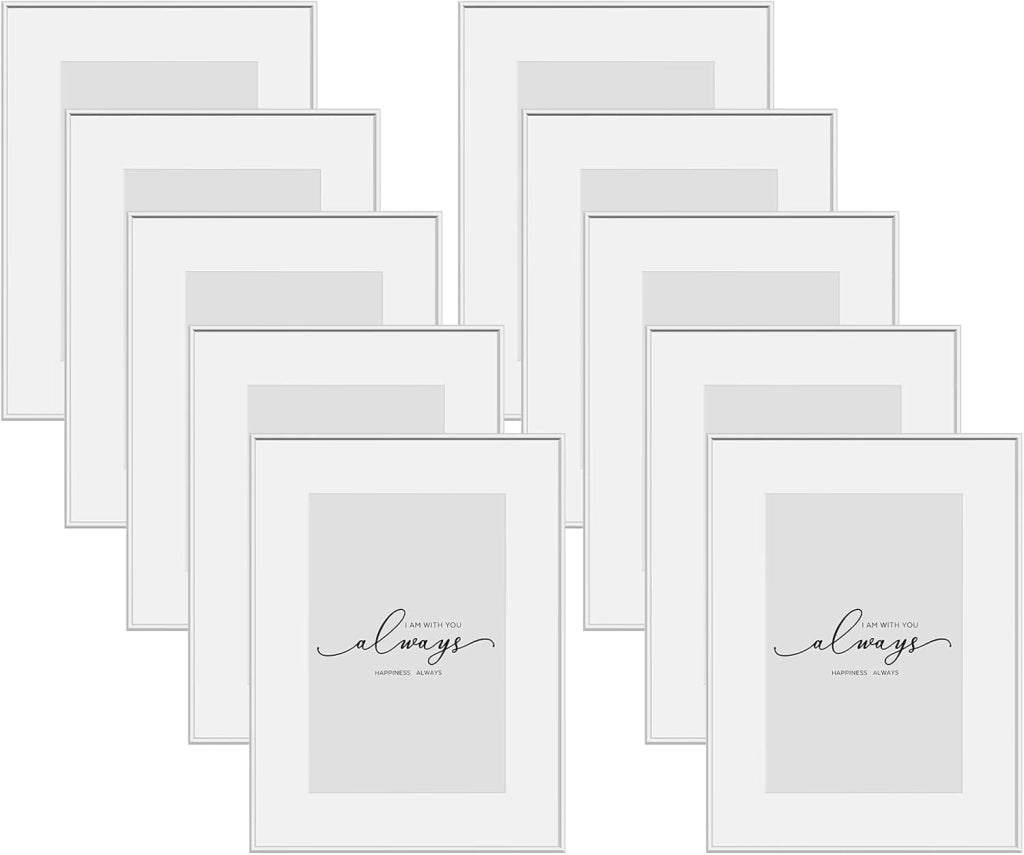 Set di 10 Cornice Foto, Portafoto A4 21x29,7cm, Cornice Argentato in Alluminio, Cornici per Documenti, Cornice per Foto da Parete o da Tavolo, Frontale Trasparente in plastica, BR9956sb-10