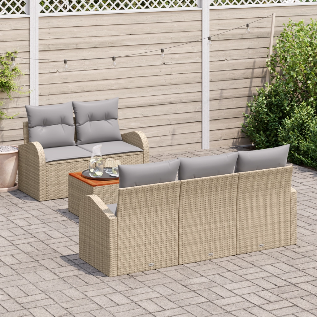 Set di divano da giardino 6 pezzi con cuscini Beige Polyrattan Acacia