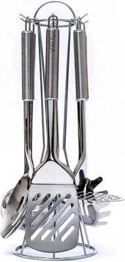 Set di utensili con standaard - 6 pezzi Set di cucina - Cucchiai resistenti e a denti di sega - Colapasta - Resistenti al lavastoviglie - Argento