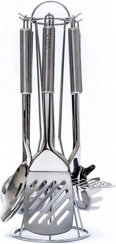 Set di utensili con standaard - 6 pezzi Set di cucina - Cucchiai resistenti e a denti di sega - Colapasta - Resistenti al lavastoviglie - Argento