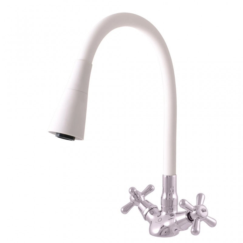 MORAVA RETRO Miscelatore per lavello con memoria flessibile bianco in cromo