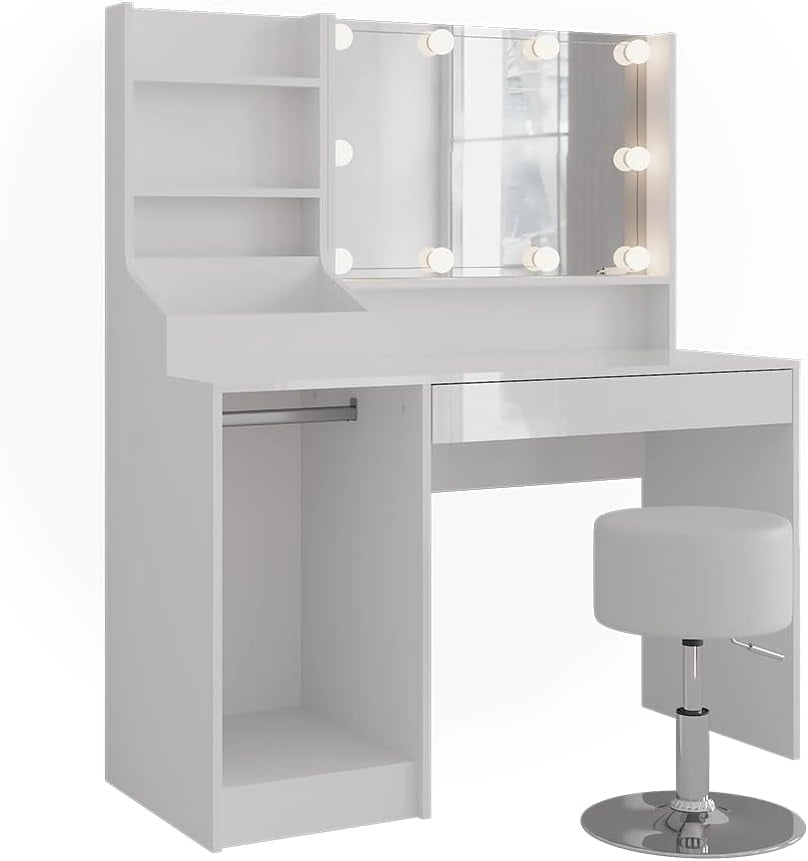 Tavolo da toeletta Sherry, Bianco/bianco lucido, 119.8 cm 5 parti, con illuminazione LED e sgabello per l’uso quotidiano