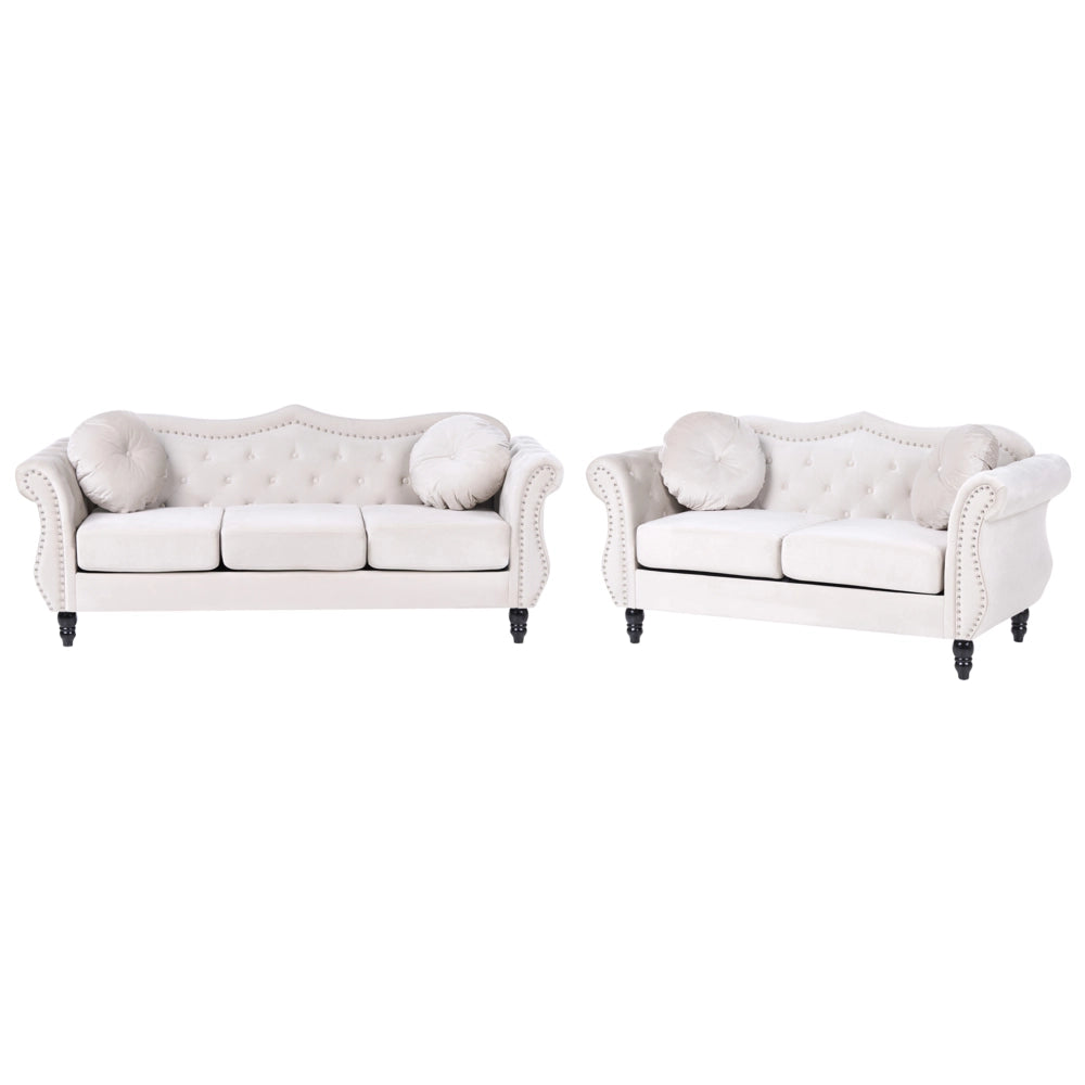 Set da soggiorno Velluto beige 2 posti 3 posti Button Cuscini trapuntati Braccia arrotolate Glam