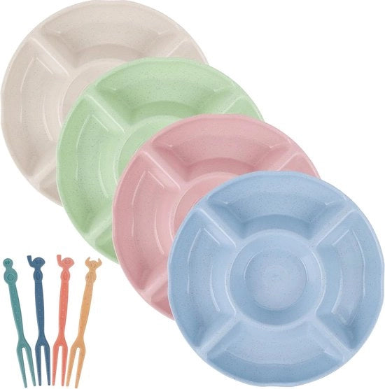 Set di snack con 4 piatti e 25 forchette per frutta, set di snack con 5 contenitori per caramelle, snack e noci