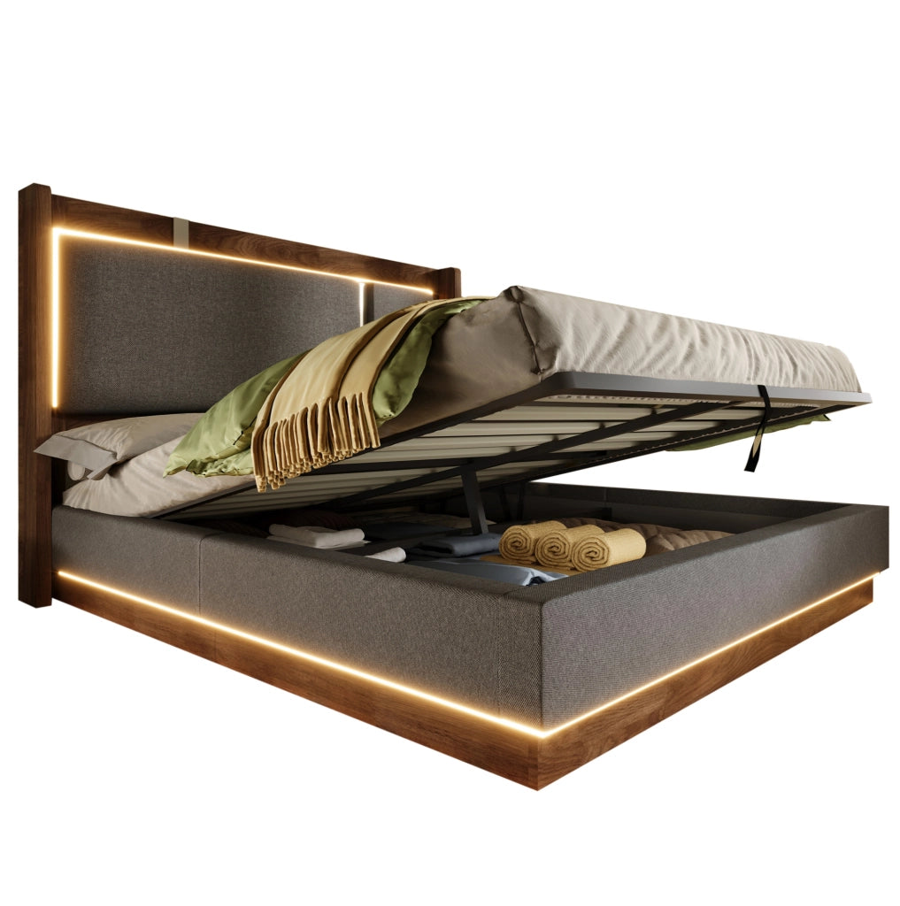 Letto matrimoniale 180x200 cm in lino grigio e noce, LED e contenitore –