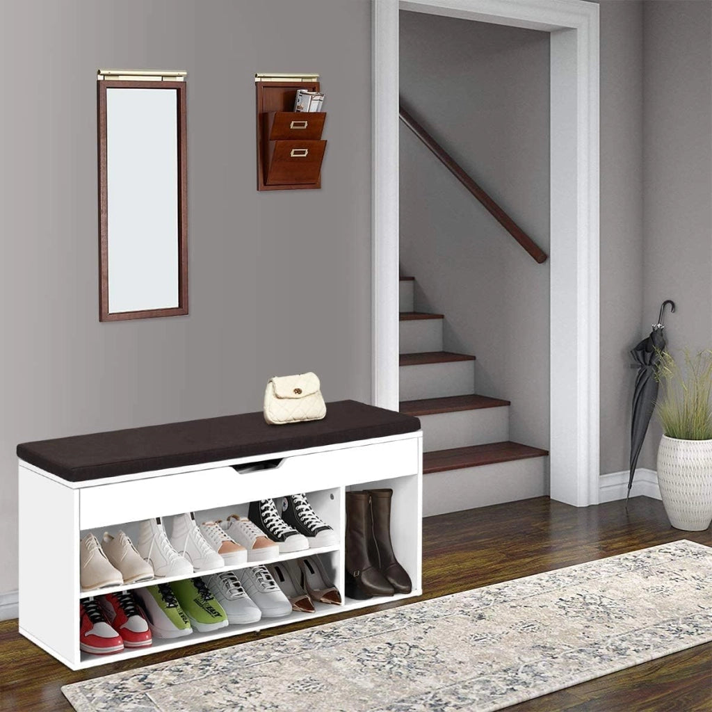 Scarpiera Panca da Ingresso, Portascarpe Legno a 2 Ripiani, con Imbottito Cuscino Rimovibile, con Scomparto di Archiviazione, 104x30x48 cm (Bianco)