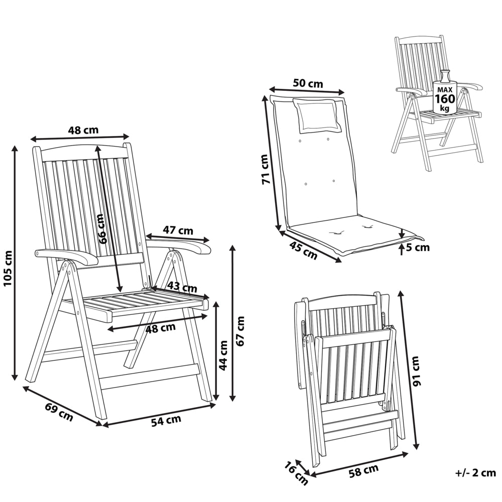 Set di 2 sedie da giardino in legno di acacia chiaro con cuscini blu pieghevole in stile rustico resistente ai raggi UV