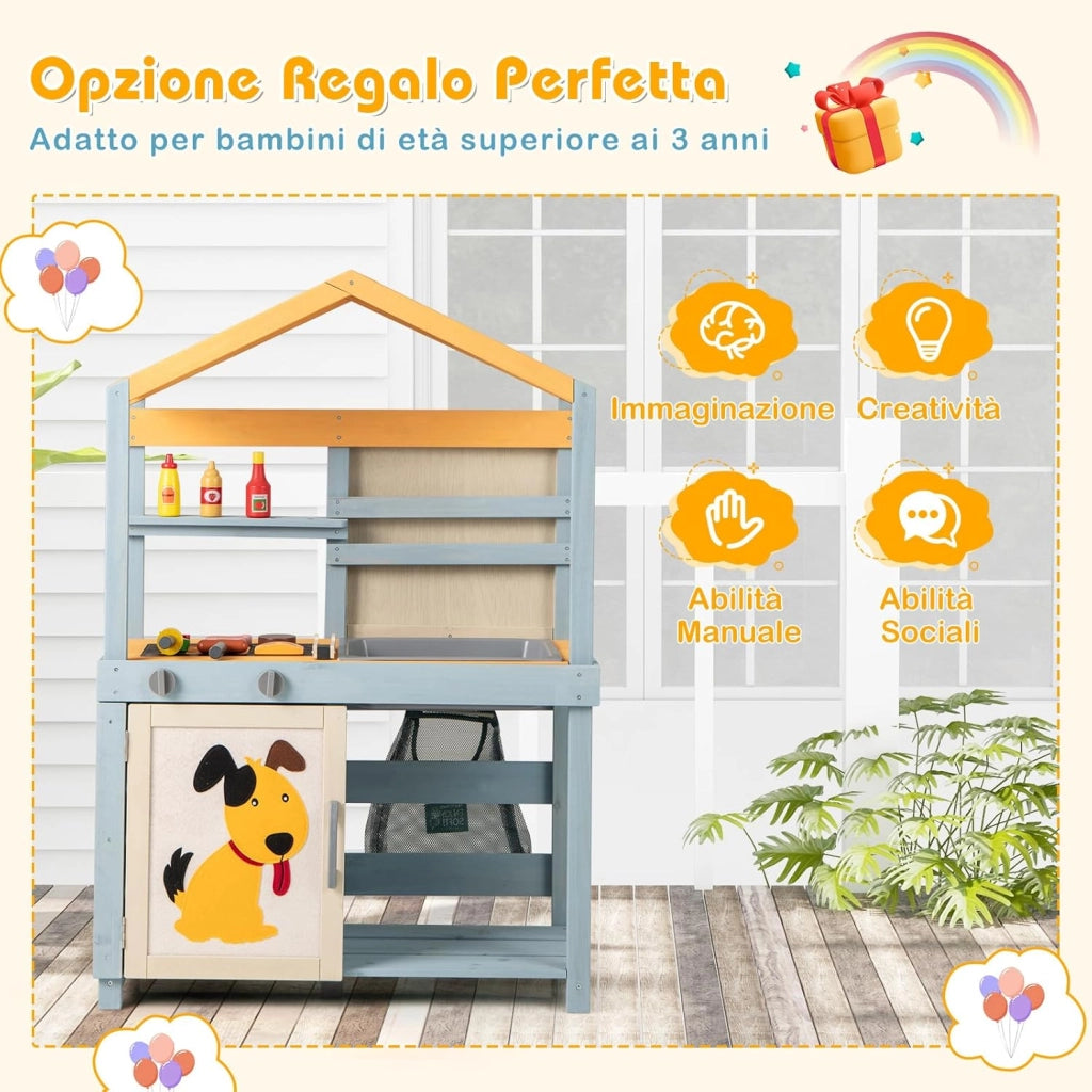 Cucina Giocattolo per Giardino con Negozio e Barbecue 3 in 1, Cucina per Bambini in Legno di Pino con Griglia, Lavagna, Cesti e Forno, Set Cucina con 12 Accessori, 75 x 34 x 111 cm