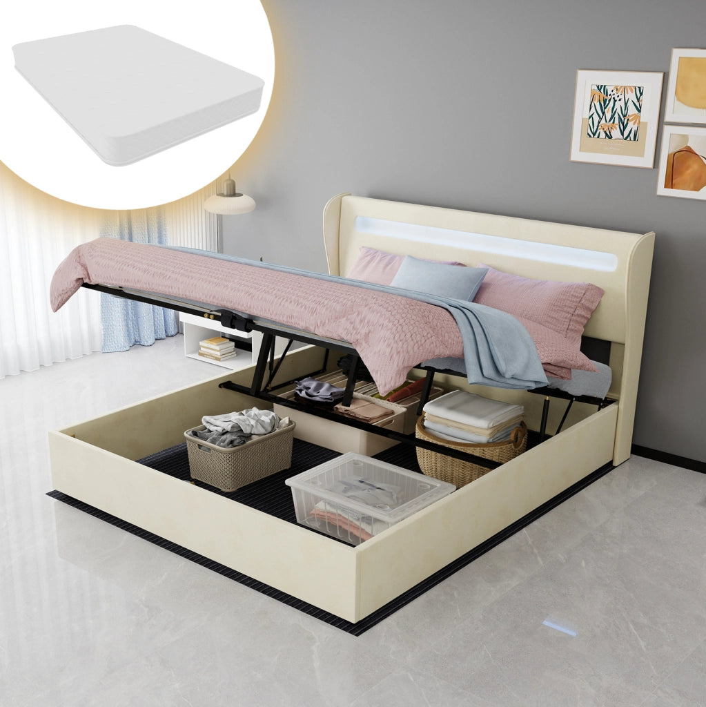 Letto imbottito ULEVR 160x200 cm con testiera regolabile e illuminazione LED multicolore, beige