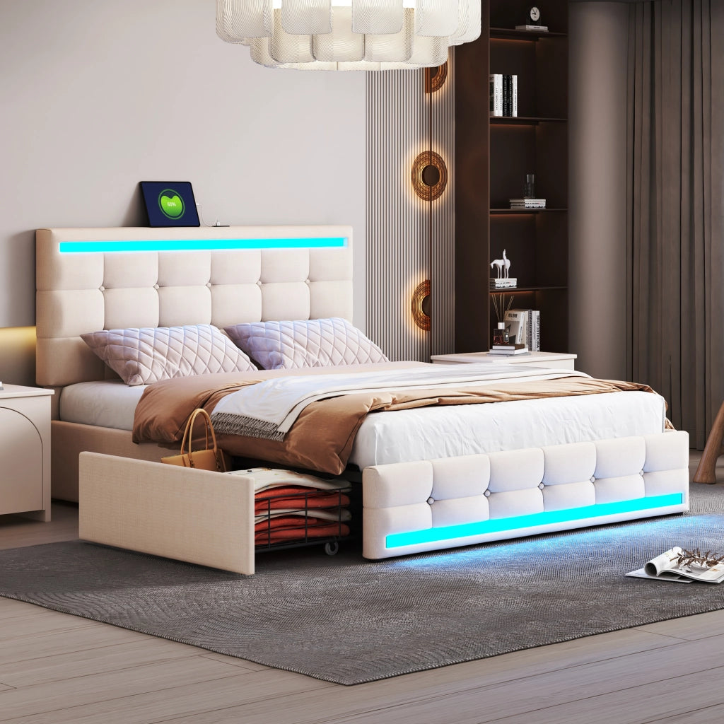 OKWISH Letto con Cassetti 140×200 cm, Letto Matrimoniale con 4 Cassetti, LED Regolabile, 2 USB e Telecomando, senza Materasso, Beige