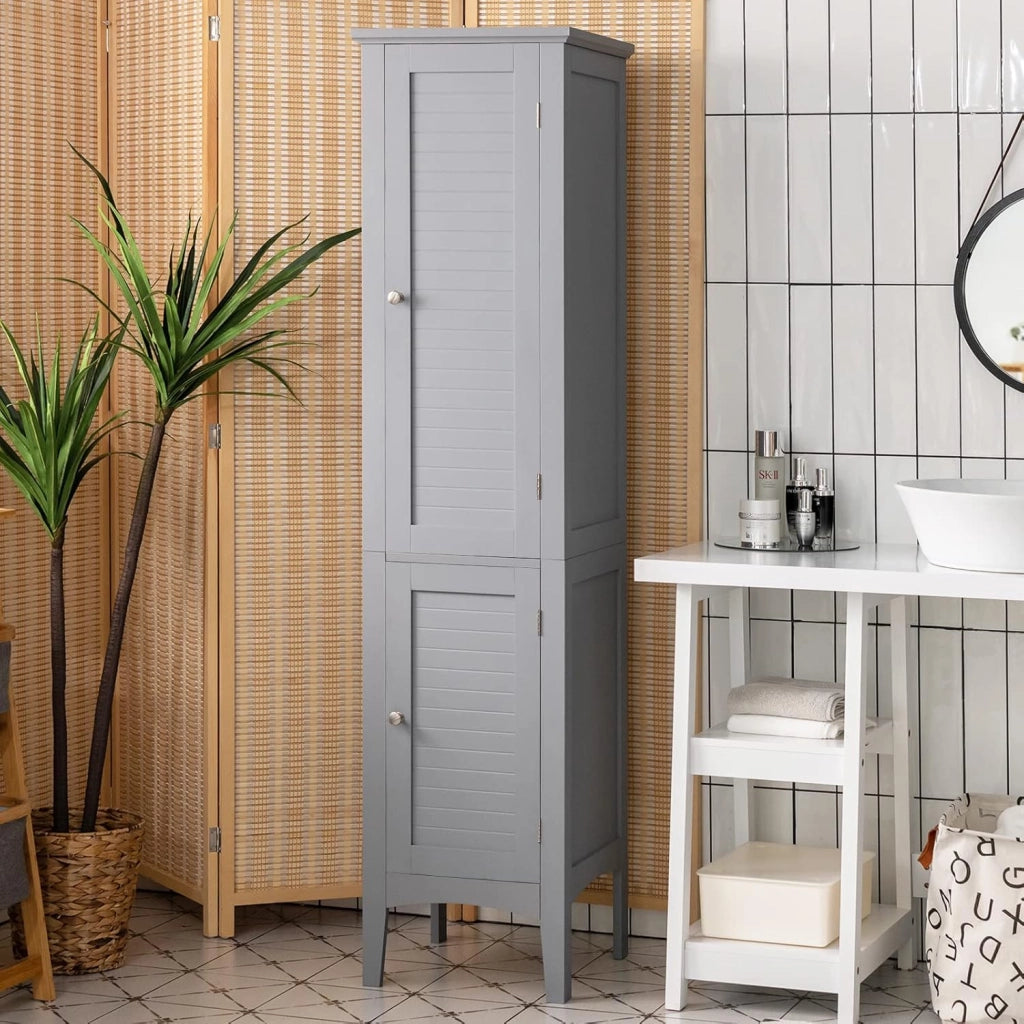 Mobile da Bagno Alto con 2 Ante, Armadio da Terra con 5 Vani, Mobile Colonna per Bagno Cucina Soggiorno, 37 x 37 x 160 cm (Grigio)