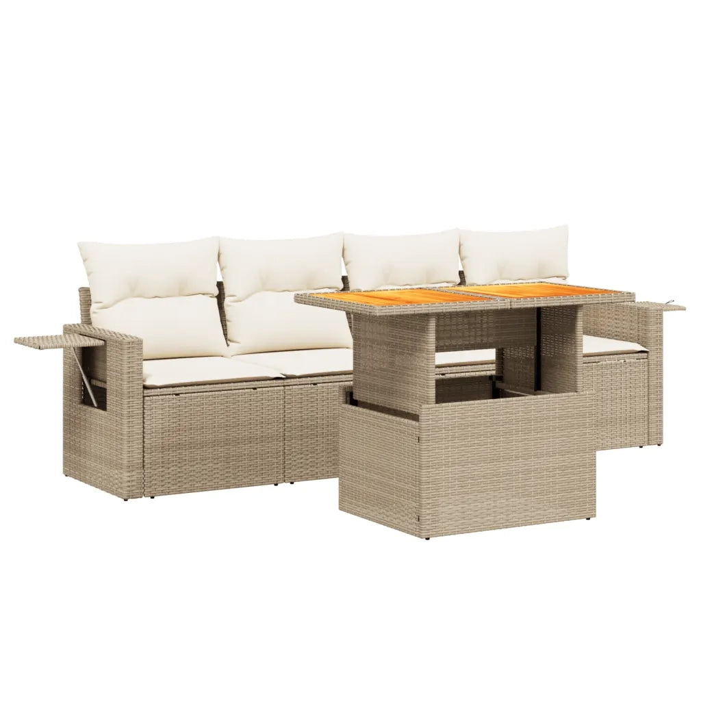 Set Divano da Giardino 5 pz con Cuscini Beige in Polyrattan