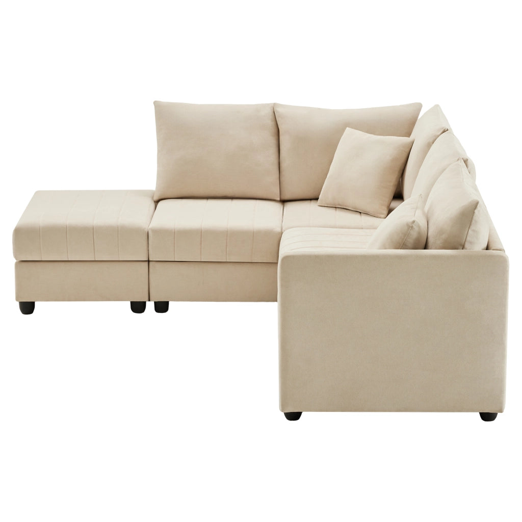 divano angolare modulare 5 posti con pouf mobile; tessuto cotone e lino beige 220 Ã— 194 Ã— 85 cm