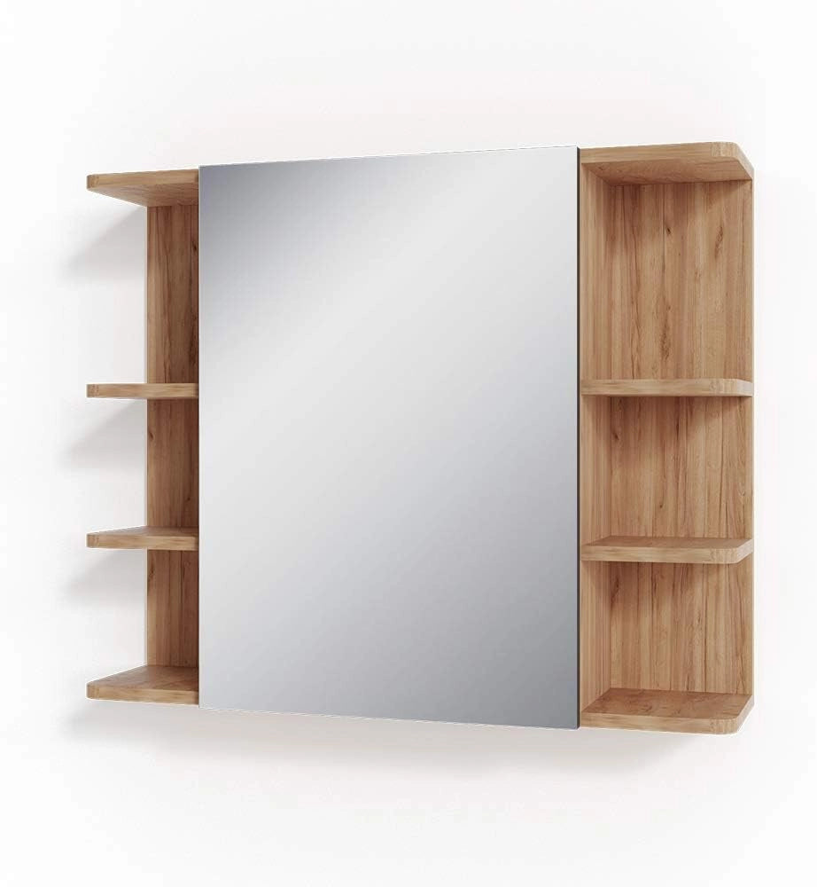 Specchio contenitore bagno Fynn, Quercia dorata, 79.6 x 64 cm, con specchio e ripiani aperti per montaggio a parete