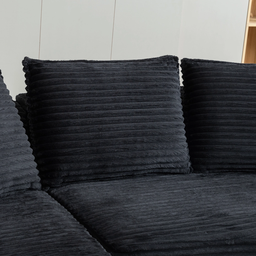 Divano curvo con portabicchieri e tasche laterali, cuscino, in velluto a coste nero 250 × 152 × 82 cm