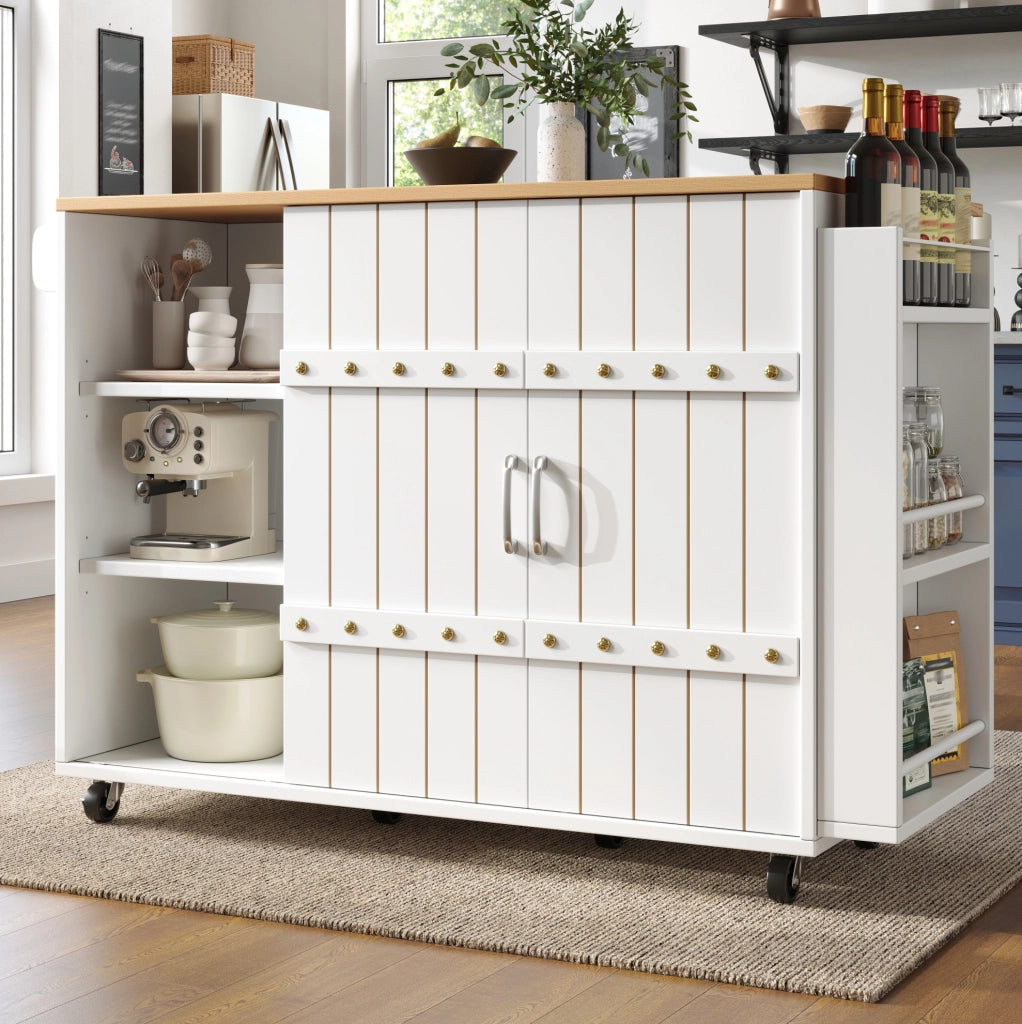 Isola da cucina 110x42x90 cm con piano ribaltabile; 3 cassetti; ante scorrevoli; MDF bianco