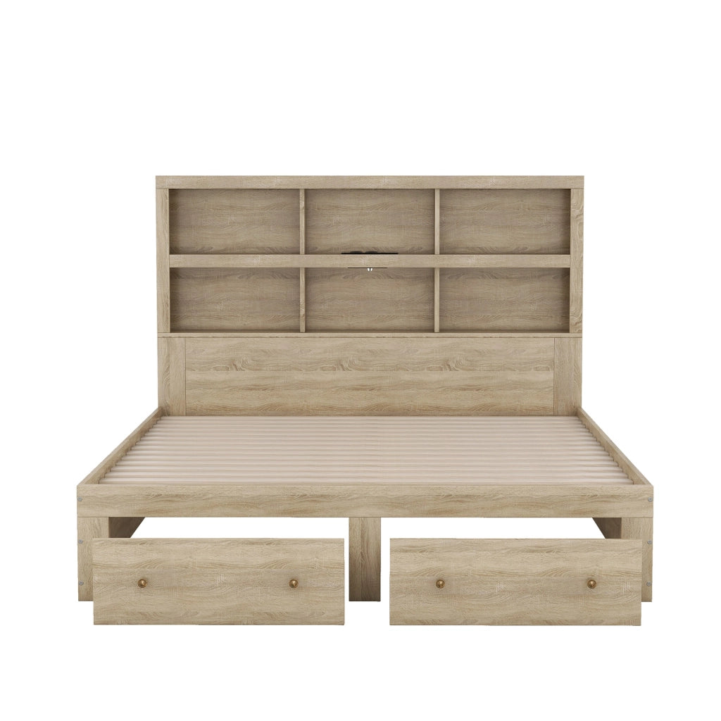 Letto con Cassetti Letto Matrimoniale; USB; 6 Ripiani e 2 Cassetti; 160×200 cm; senza Materasso; Truciolato; Naturale