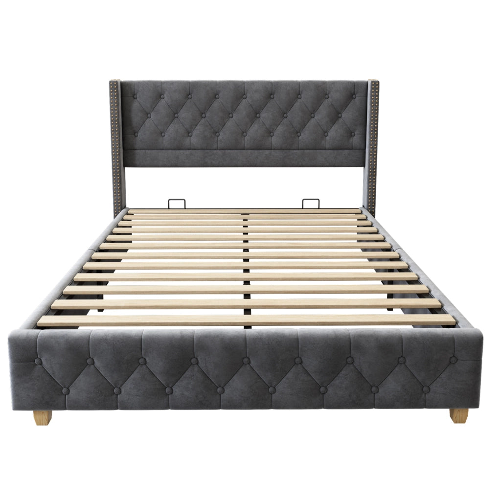 Letto imbottito 140x190 cm capitonn茅 con testiera; velluto grigio (Senza materasso)