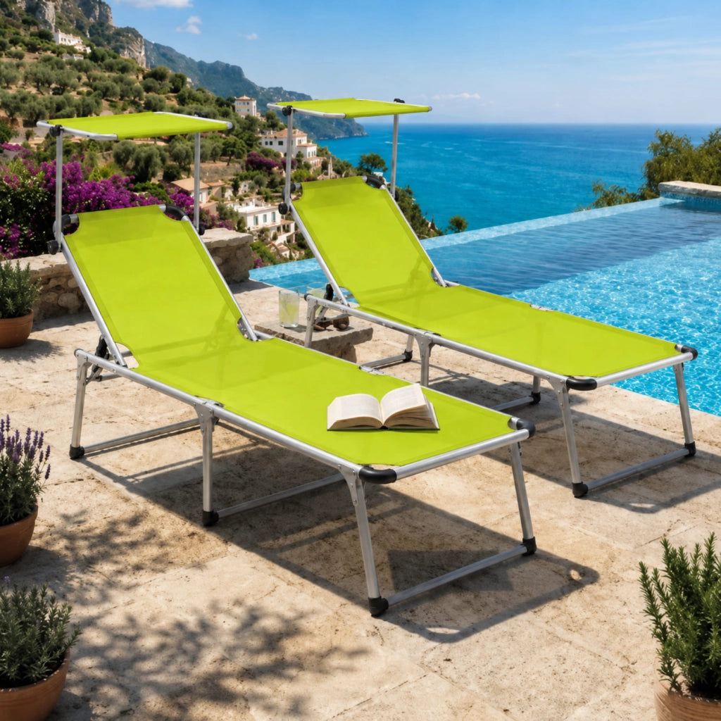 Coppia Di Lettini Da Spiaggia Pieghevoli Parasole Con Schienale Reclinabile Regolabile 6 Posizioni Struttura In Alluminio Sedia Prendisole Mare Giardino Piscina 187 x 59 x 29 Cm Verde Fluo