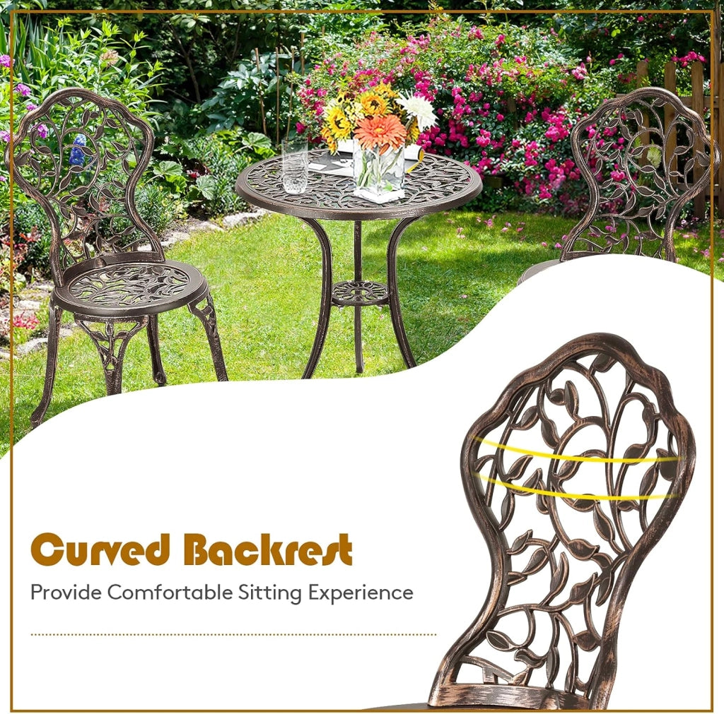 Set da Bistrot Tavolo Rotondo con 2 Sedie in Fusione di Alluminio, Set da Giardino Antico per Esterni Balcone Bordo Piscina, Bronzo