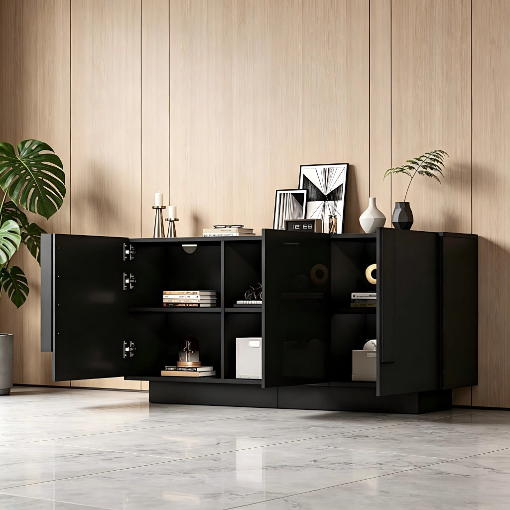 Credenza lucida, mobile da ingresso a 3 ante, ripiani regolabili, in truciolato, nero