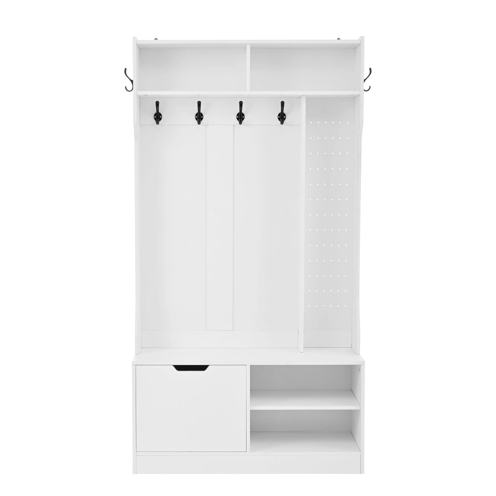 OKWISH Mobile da Ingresso con Panca, 6 Ganci, Vani Aperti e Scarpiera Ribaltabile, Bianco, 100 x 40 x 185.5 cm