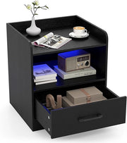 Comodino a 3 Livelli, Tavolino da Notte con Mensola Aperta e Cassetto Estraibile, Tavolino da Salotto con Luce, Telecomando, 44,5 x 40 x 50 cm, per Soggiorno e Camera da Letto