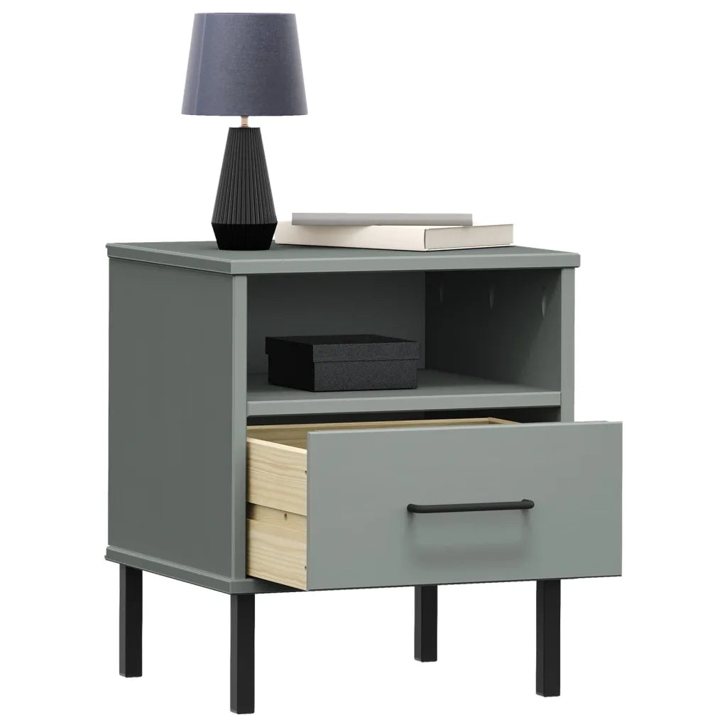 Comodino | Armadio da Notte | Mobiletto da notte con Gambe in Metallo Grigio Legno Massello Pino OSLO