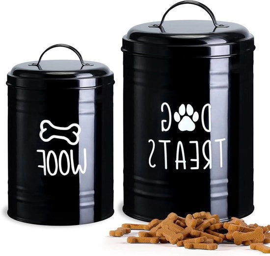 Set di contenitore a prova d'aria per cibo per cani da 2 con coperchio - 22 x 13 cm, contenitore per biscotti per cani in metallo per cucina di campagna, contenitore di stoccaggio per trattamenti per cani in plastica nera.