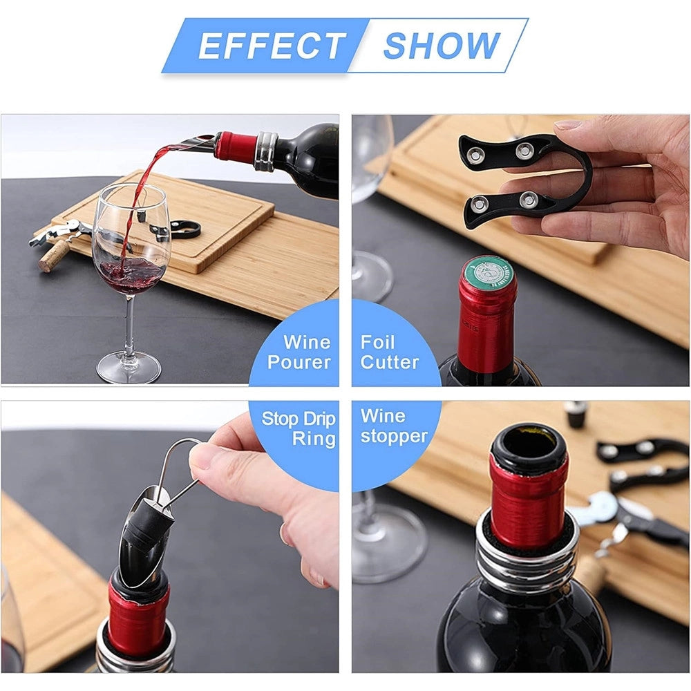 Trade Shop - Set Vino 5in1 Cavatappi Apribottiglie Multifunzione Anello Antigoccia Tappo Versatore -