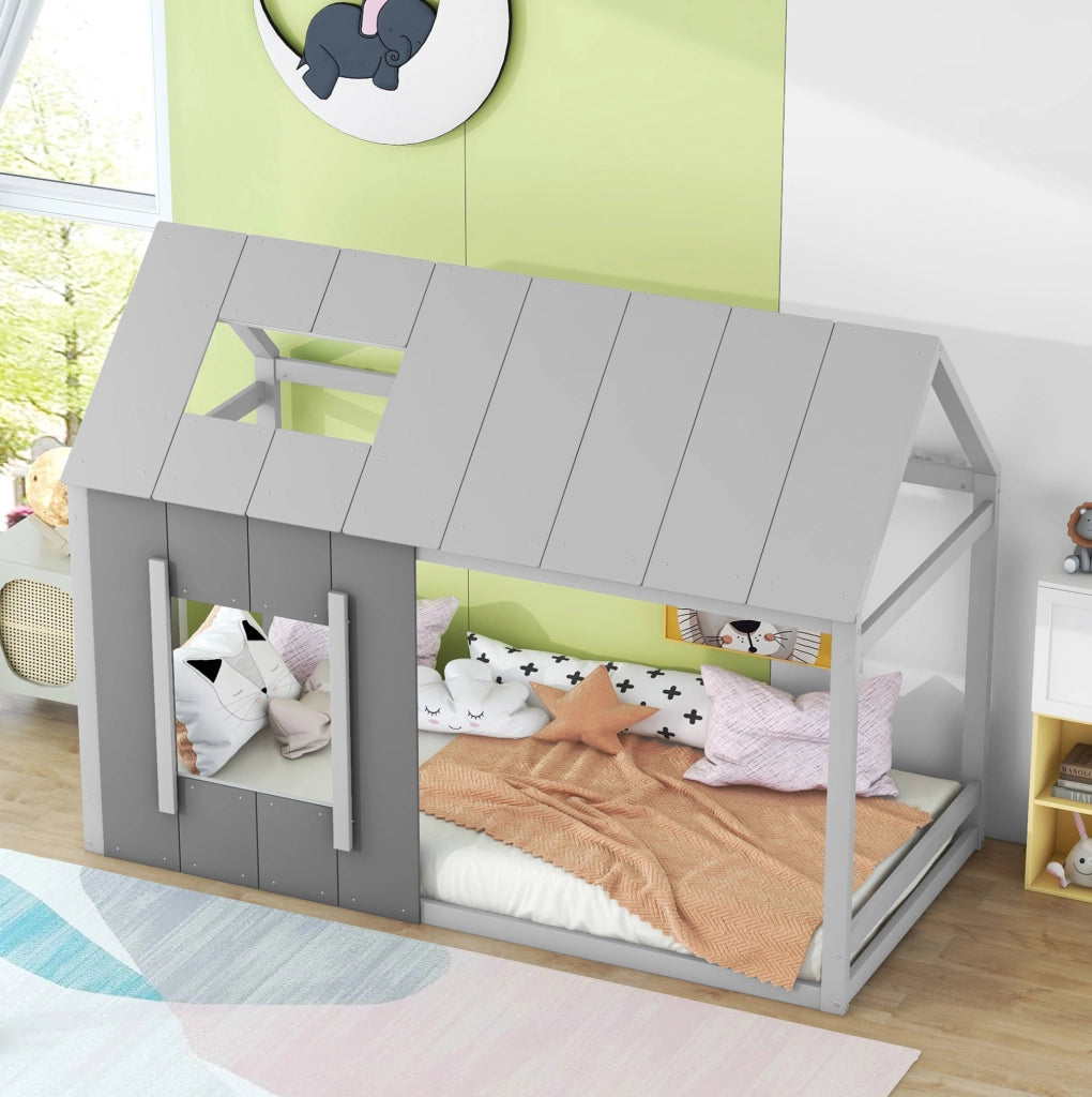 Letto per bambini 90x200 cm a forma di casa con tetto e finestra; legno; grigio