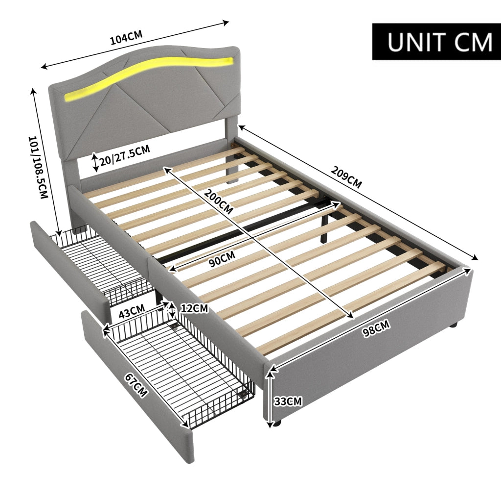 Letto singolo imbottito 90x200 cm con LED e 2 cassetti