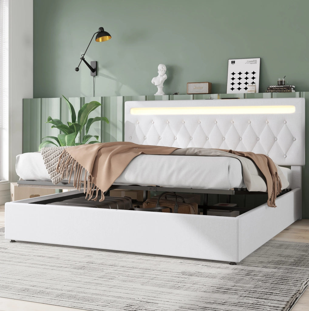 Letto matrimoniale imbottito 180x200 cm con contenitore, LED e USB