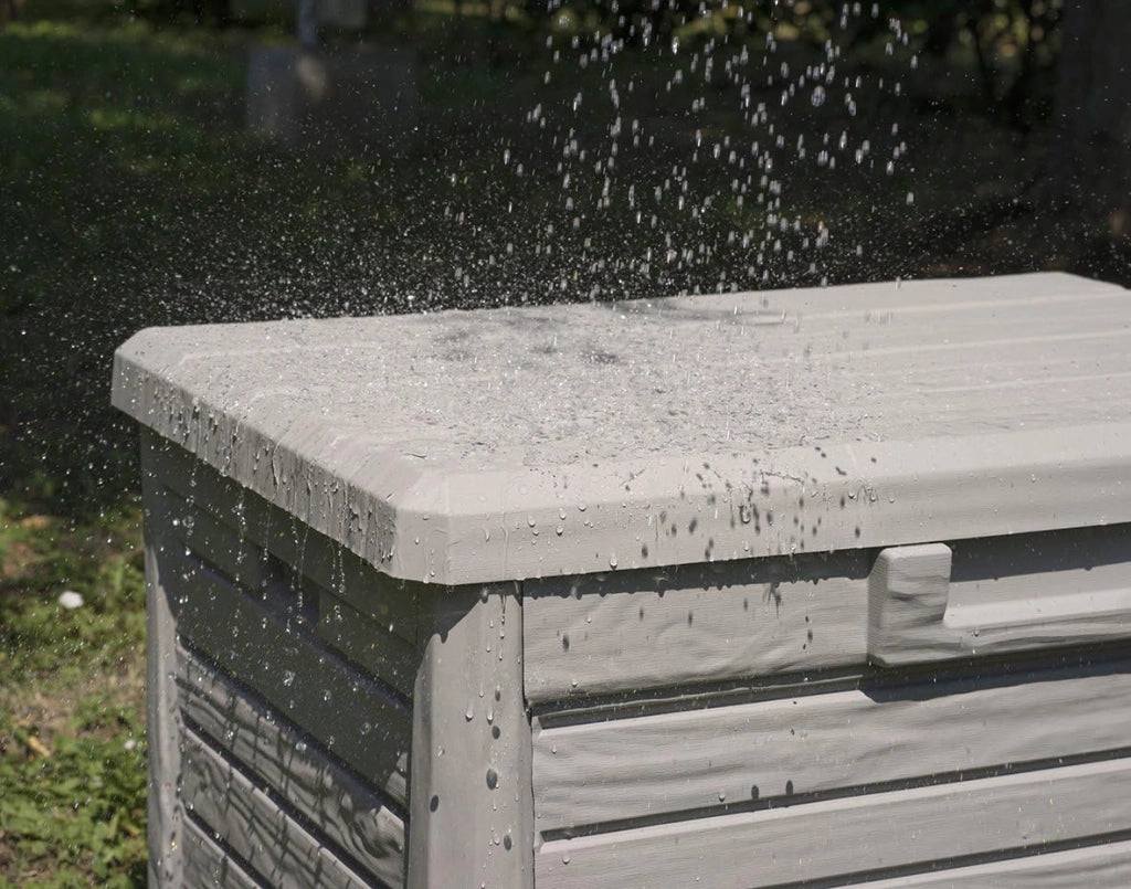 Baule da esterno e interno Compact Box Florida 120 litri con seduta effetto legno colore grigio tortora Toomax