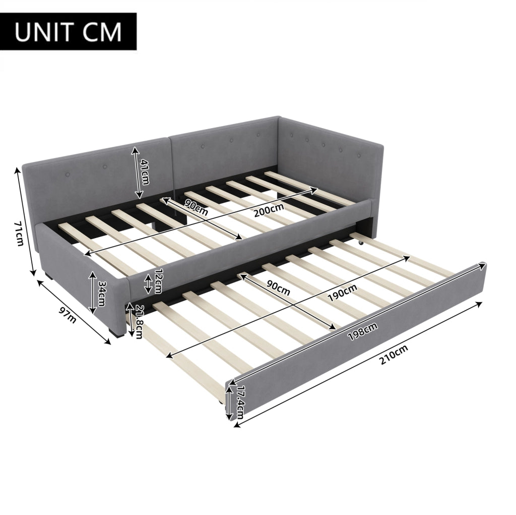 Letto singolo 90x200 cm con letto estraibile; velluto grigio