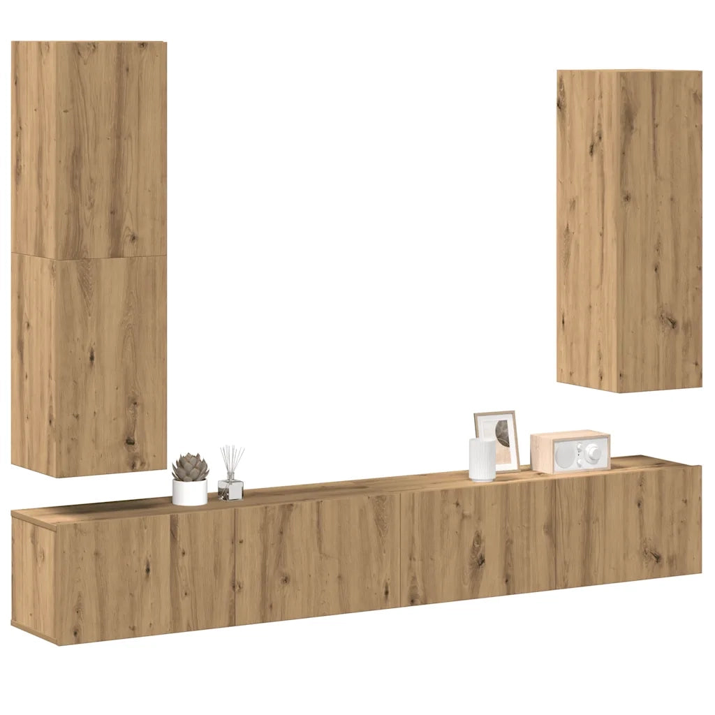 Set Mobile TV 4 pz Montato a Parete Rovere in Legno Multistrato 3329154